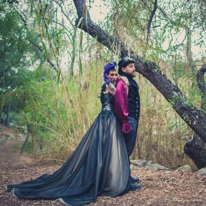 Gothic Black Tulle Ball Gown with Sheer Lace Appliqué Bodice